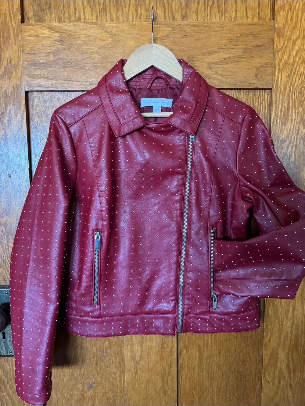 New York & Company Red Studded Faux Leather Moto Jacket